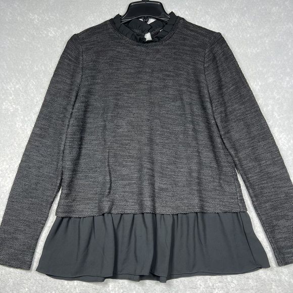 Loft Pullover Sweater Women’s Small Gray/ Black Long Sleeve Ruffled Chiffon Hem - Picture 2 of 8